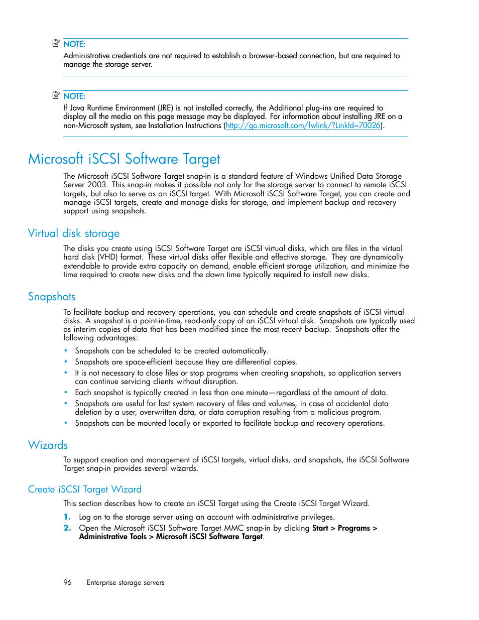 Microsoft iscsi software target, Virtual disk storage, Snapshots | Wizards, Create iscsi target wizard | HP ProLiant DL380 G5-Storage-Server User Manual | Page 96 / 156
