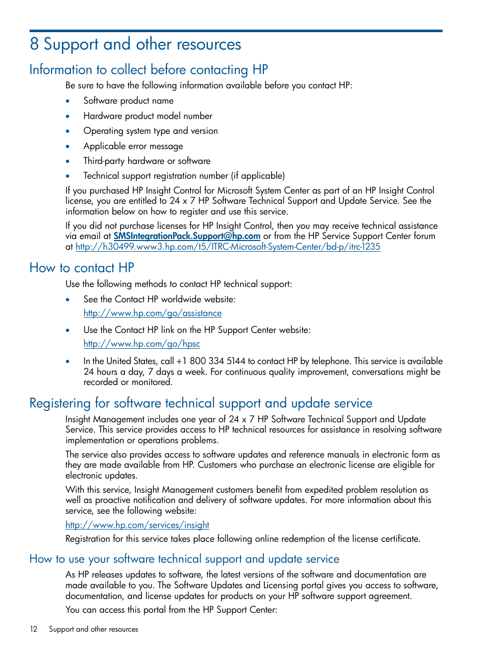 8 support and other resources, Information to collect before contacting hp, How to contact hp | HP OneView for Microsoft System Center User Manual | Page 12 / 16