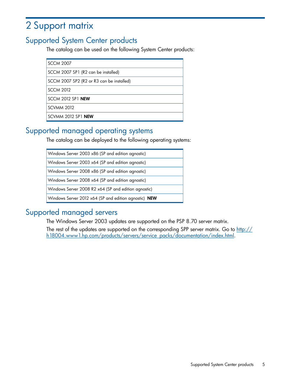 2 support matrix, Supported system center products, Supported managed operating systems | Supported managed servers | HP OneView for Microsoft System Center User Manual | Page 5 / 16