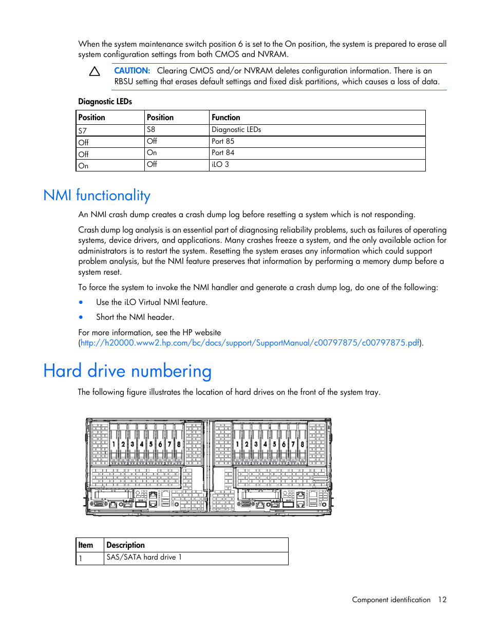 Nmi functionality, Hard drive numbering | HP ProLiant SL390s G7 Server User Manual | Page 12 / 85