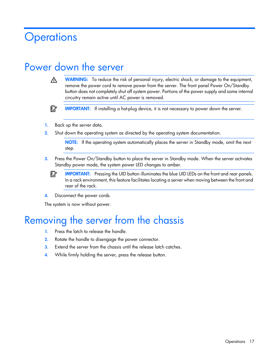 Operations, Power down the server, Removing the server from the chassis | HP ProLiant SL390s G7 Server User Manual | Page 17 / 85