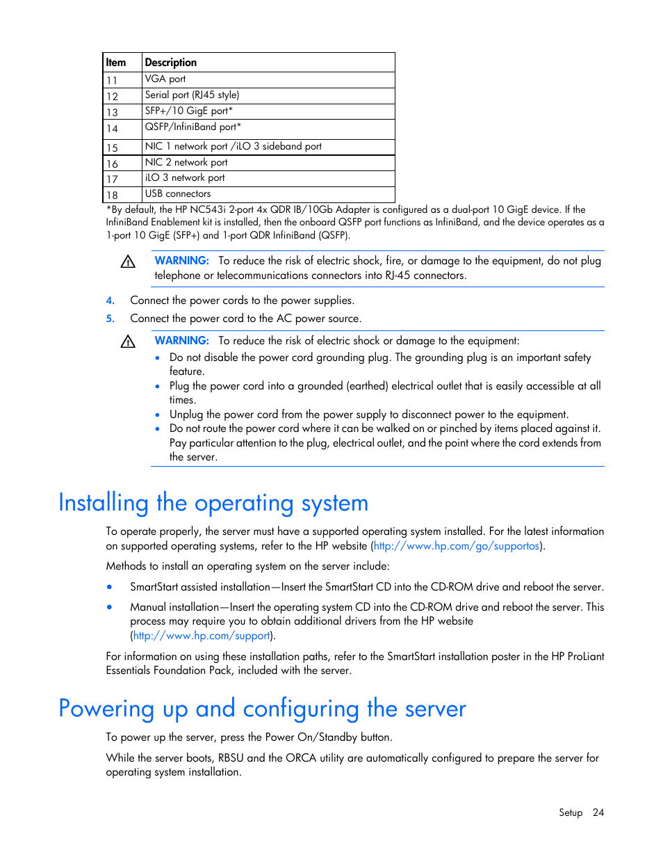 Installing the operating system, Powering up and configuring the server | HP ProLiant SL390s G7 Server User Manual | Page 24 / 85
