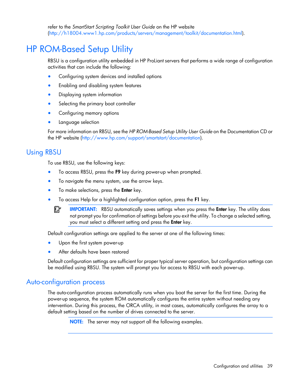 Hp rom-based setup utility, Using rbsu, Auto-configuration process | HP ProLiant SL390s G7 Server User Manual | Page 39 / 85