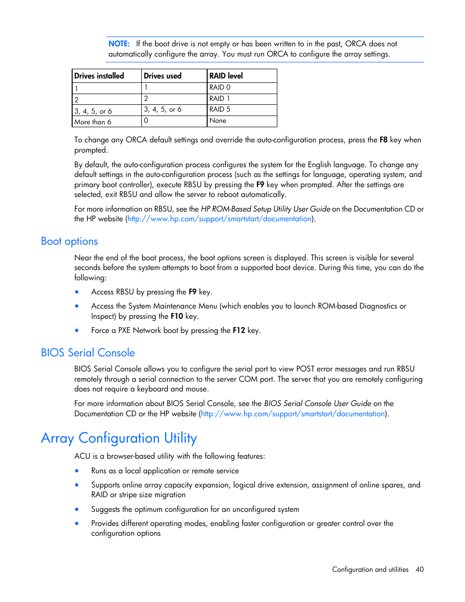 Boot options, Bios serial console, Array configuration utility | HP ProLiant SL390s G7 Server User Manual | Page 40 / 85