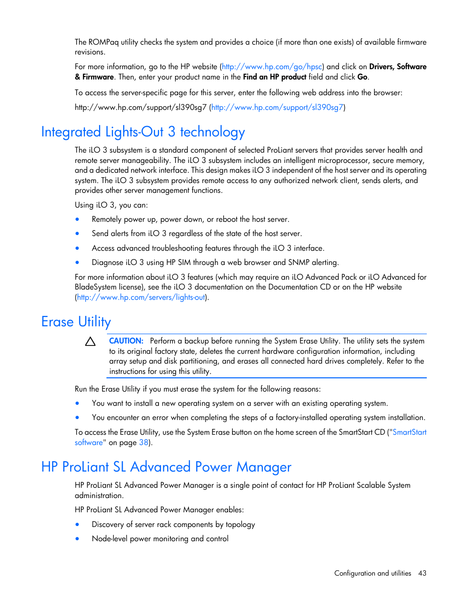 Integrated lights-out 3 technology, Erase utility, Hp proliant sl advanced power manager | HP ProLiant SL390s G7 Server User Manual | Page 43 / 85