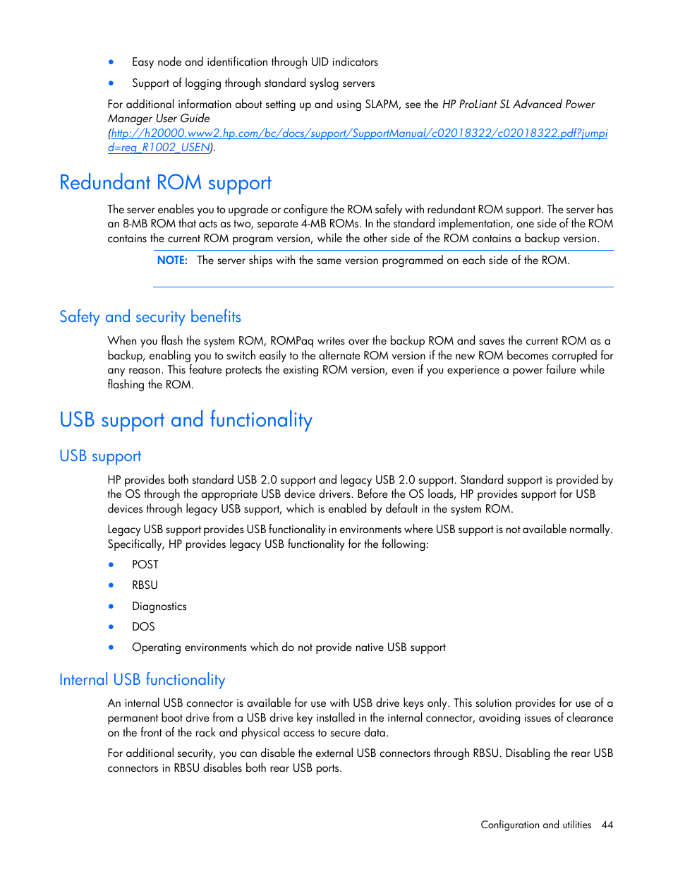Redundant rom support, Safety and security benefits, Usb support and functionality | Usb support, Internal usb functionality | HP ProLiant SL390s G7 Server User Manual | Page 44 / 85