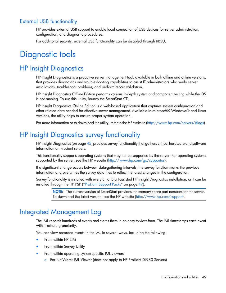External usb functionality, Diagnostic tools, Hp insight diagnostics | Hp insight diagnostics survey functionality, Integrated management log | HP ProLiant SL390s G7 Server User Manual | Page 45 / 85