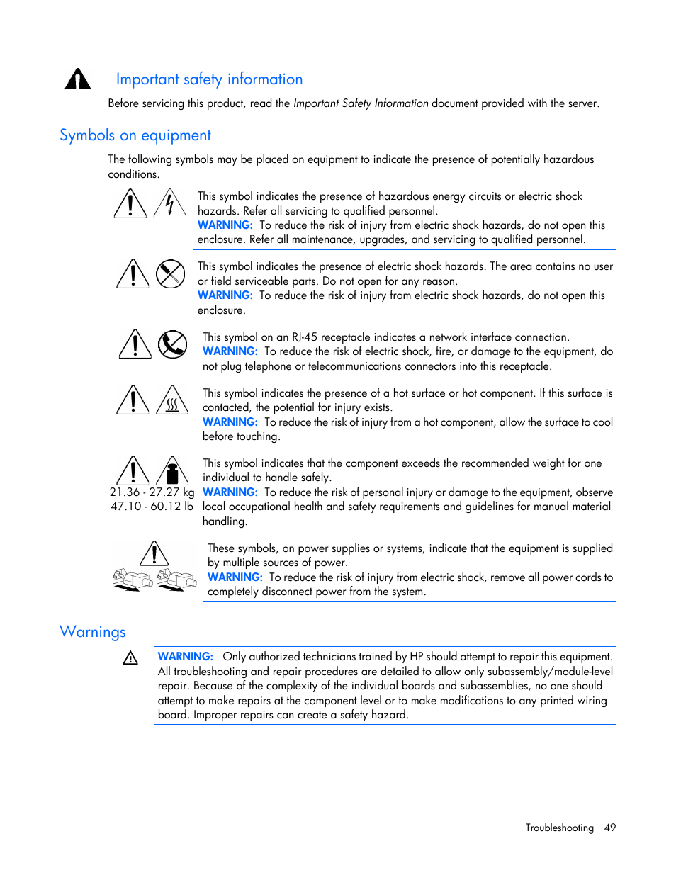 Symbols on equipment, Warnings, Important safety information | HP ProLiant SL390s G7 Server User Manual | Page 49 / 85