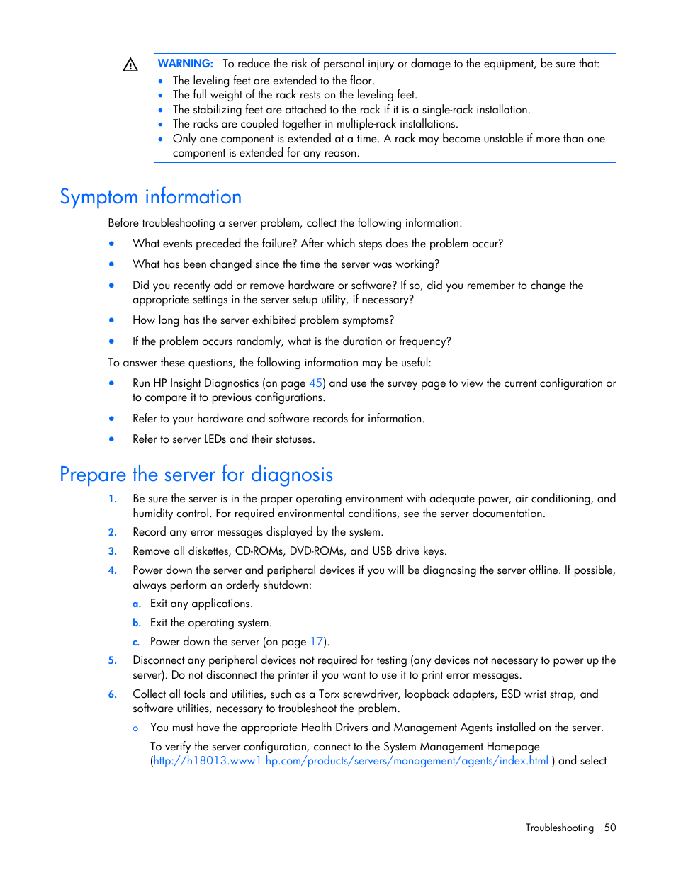 Symptom information, Prepare the server for diagnosis | HP ProLiant SL390s G7 Server User Manual | Page 50 / 85