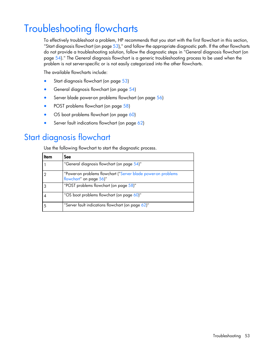 Troubleshooting flowcharts, Start diagnosis flowchart | HP ProLiant SL390s G7 Server User Manual | Page 53 / 85