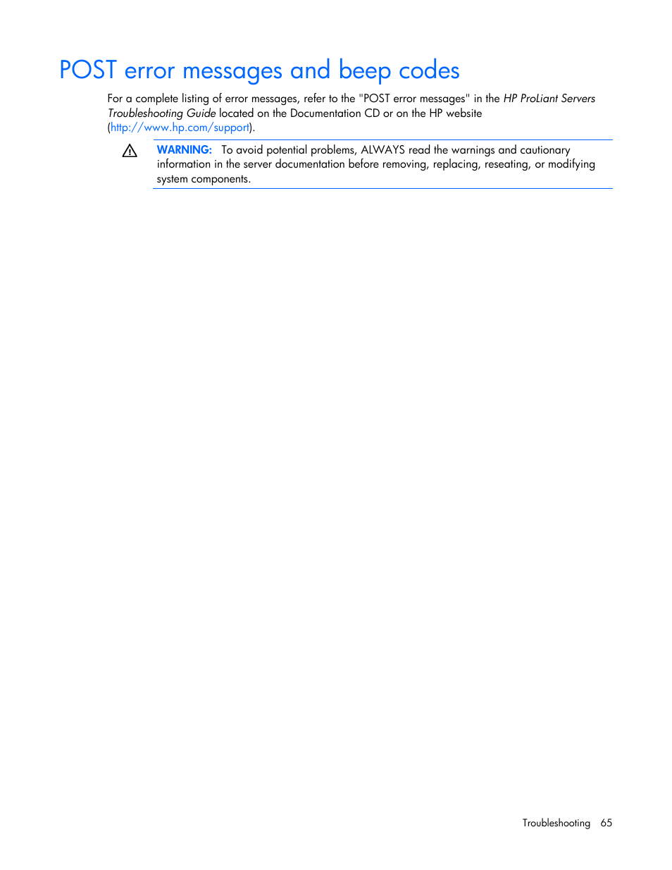 Post error messages and beep codes | HP ProLiant SL390s G7 Server User Manual | Page 65 / 85