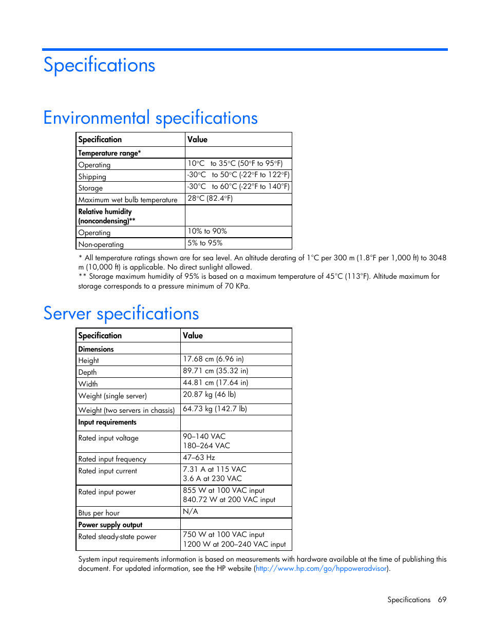 Specifications, Environmental specifications, Server specifications | HP ProLiant SL390s G7 Server User Manual | Page 69 / 85