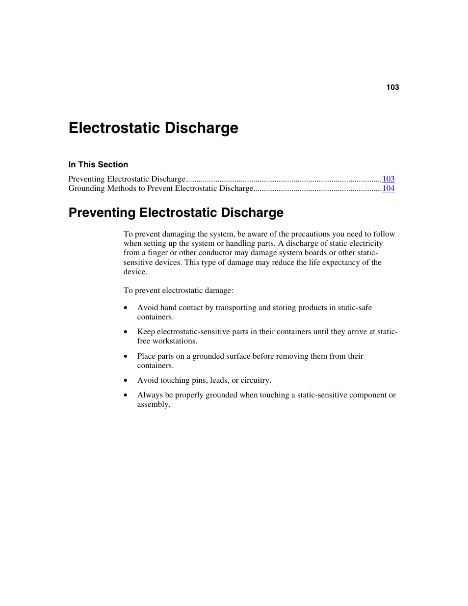 Electrostatic discharge, Preventing electrostatic discharge | HP ProLiant BL25p Server-Blade User Manual | Page 103 / 118