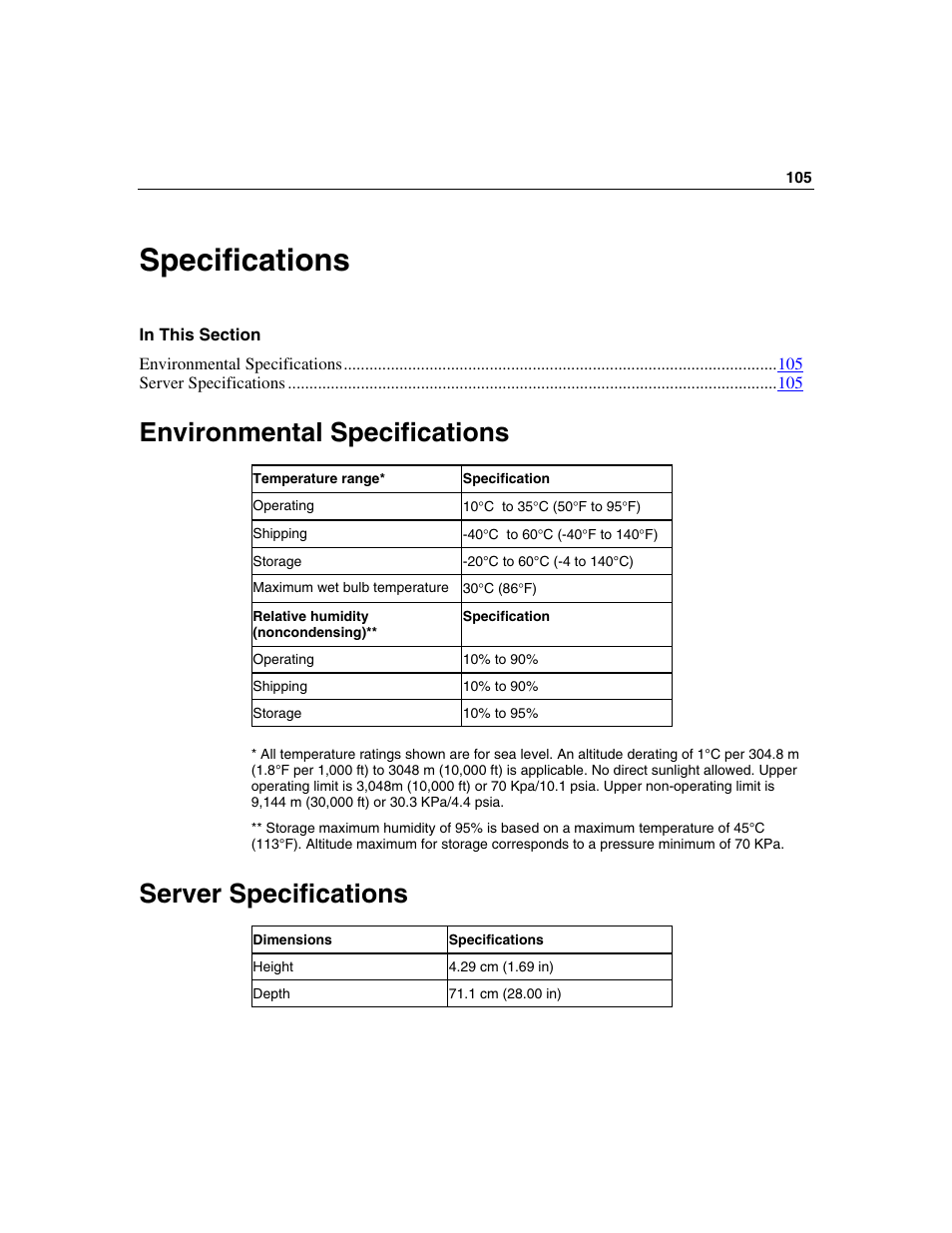 Specifications, Environmental specifications, Server specifications | Specifications 105 | HP ProLiant BL25p Server-Blade User Manual | Page 105 / 118