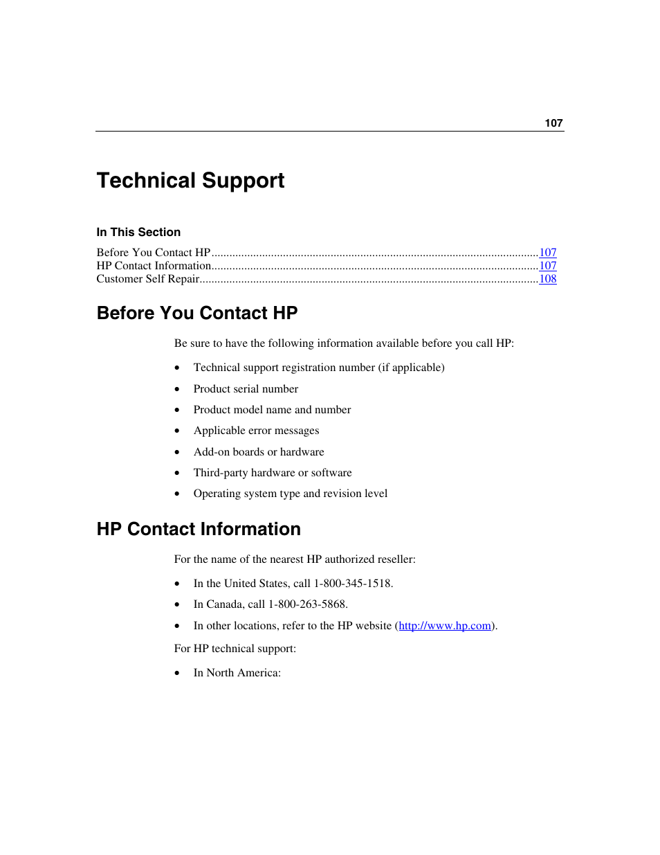 Technical support, Before you contact hp, Hp contact information | HP ProLiant BL25p Server-Blade User Manual | Page 107 / 118