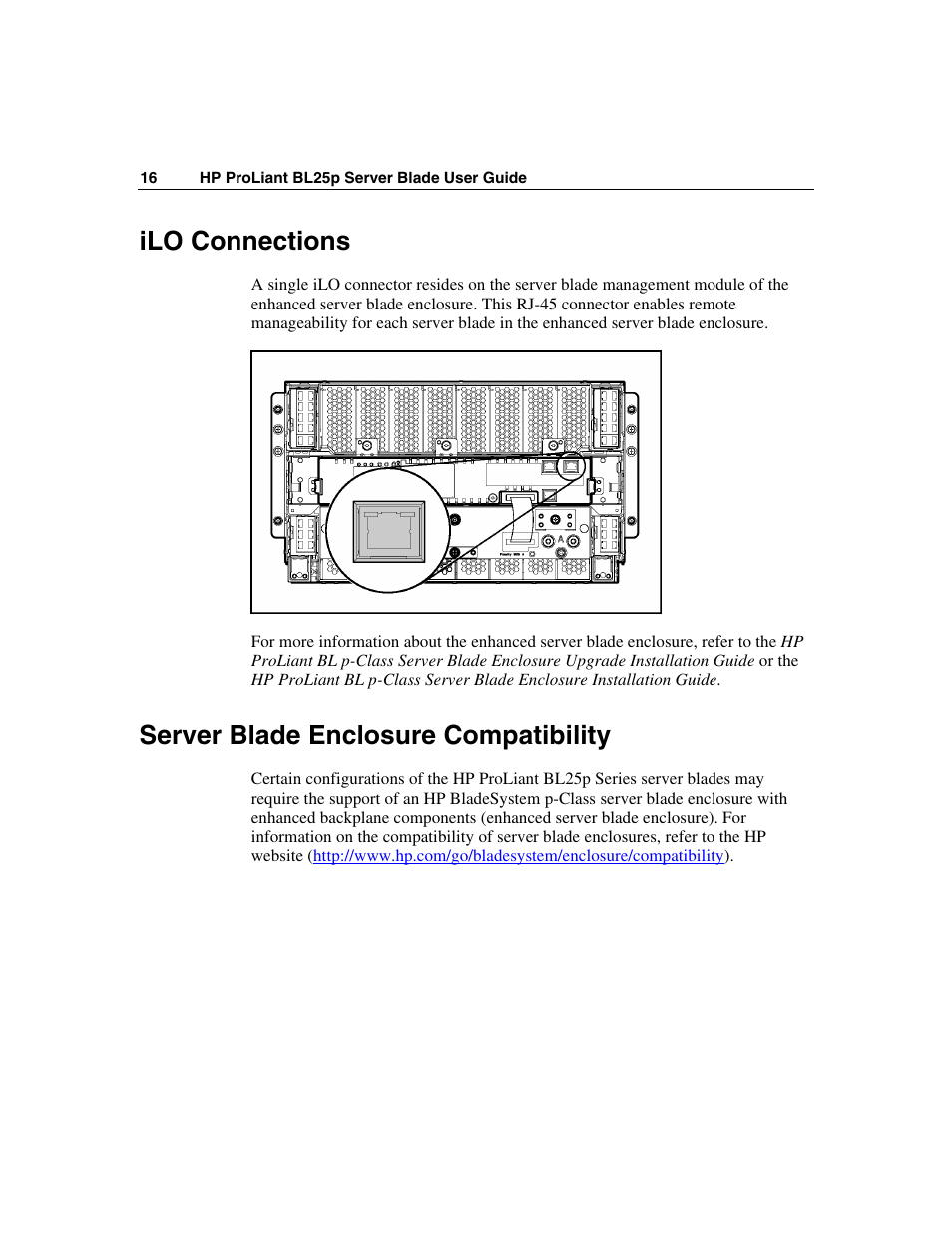 Ilo connections, Server blade enclosure compatibility | HP ProLiant BL25p Server-Blade User Manual | Page 16 / 118
