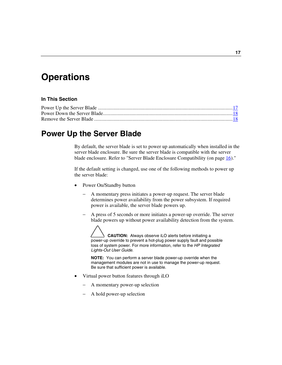 Operations, Power up the server blade, Operations 17 | HP ProLiant BL25p Server-Blade User Manual | Page 17 / 118