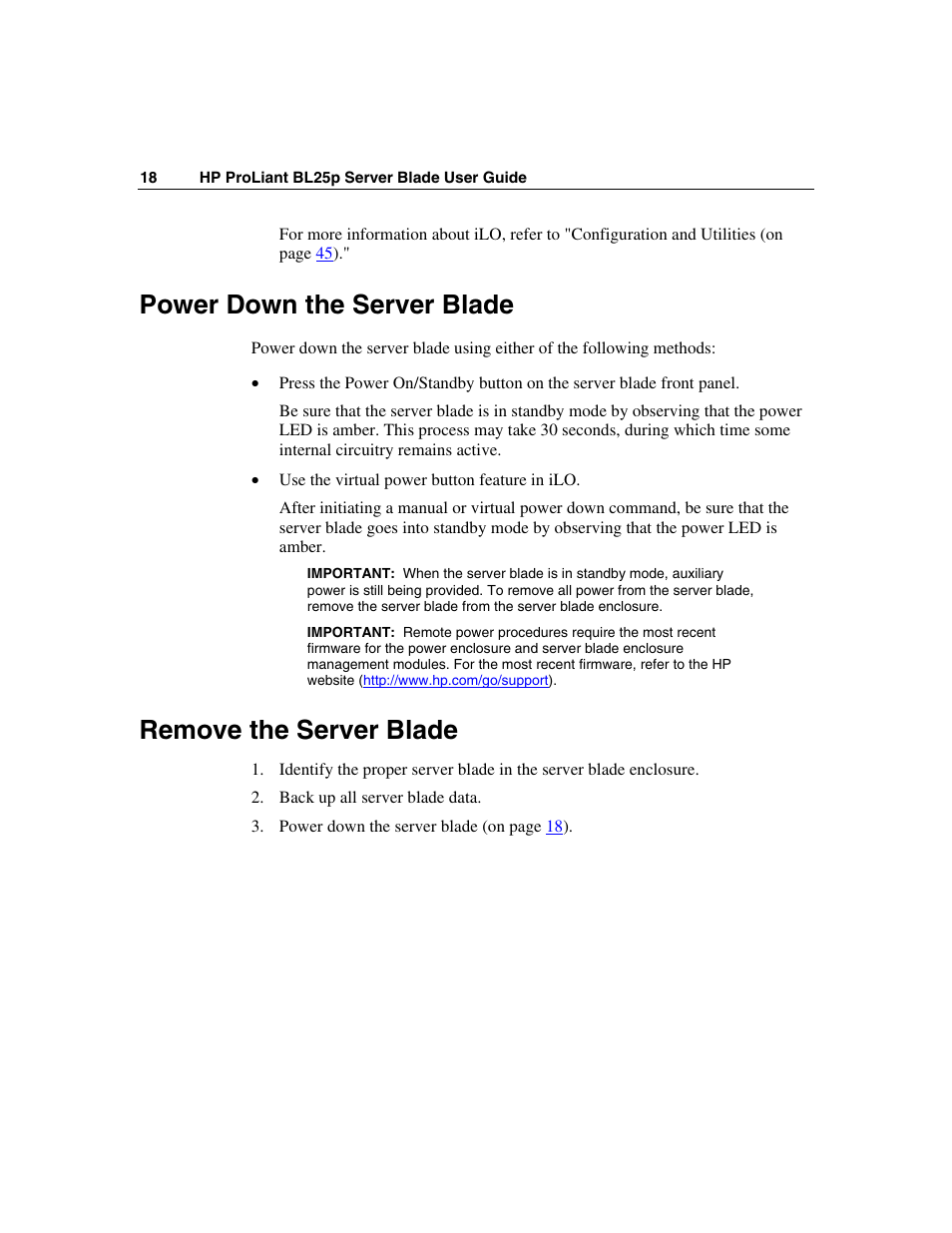 Power down the server blade, Remove the server blade | HP ProLiant BL25p Server-Blade User Manual | Page 18 / 118