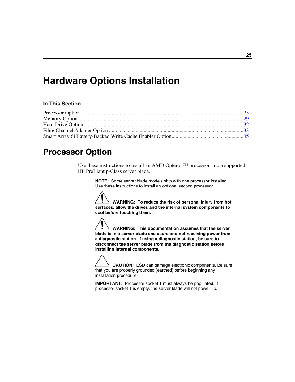 Hardware options installation, Processor option | HP ProLiant BL25p Server-Blade User Manual | Page 25 / 118