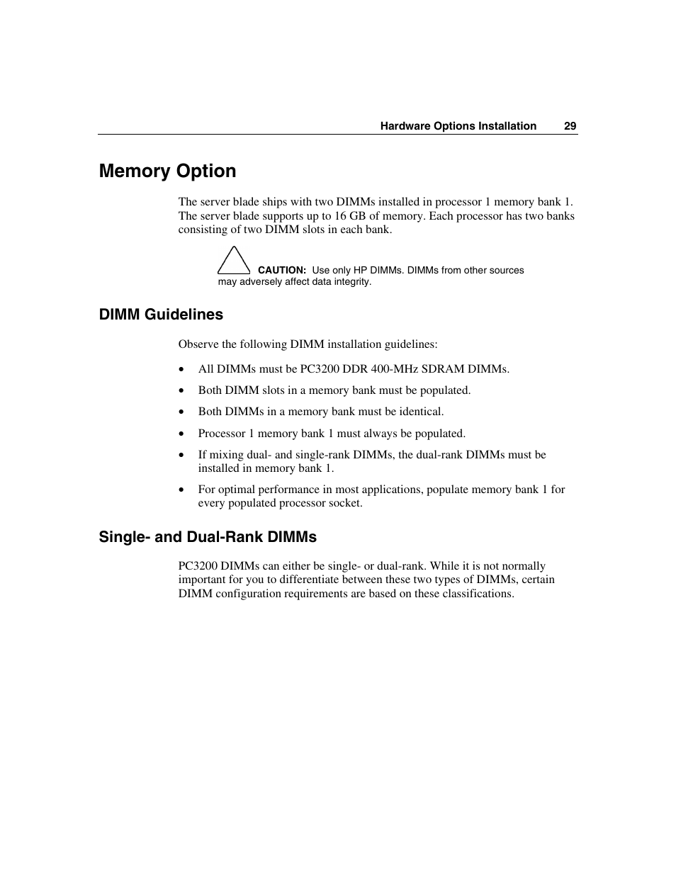 Memory option, Dimm guidelines, Single- and dual-rank dimms | HP ProLiant BL25p Server-Blade User Manual | Page 29 / 118