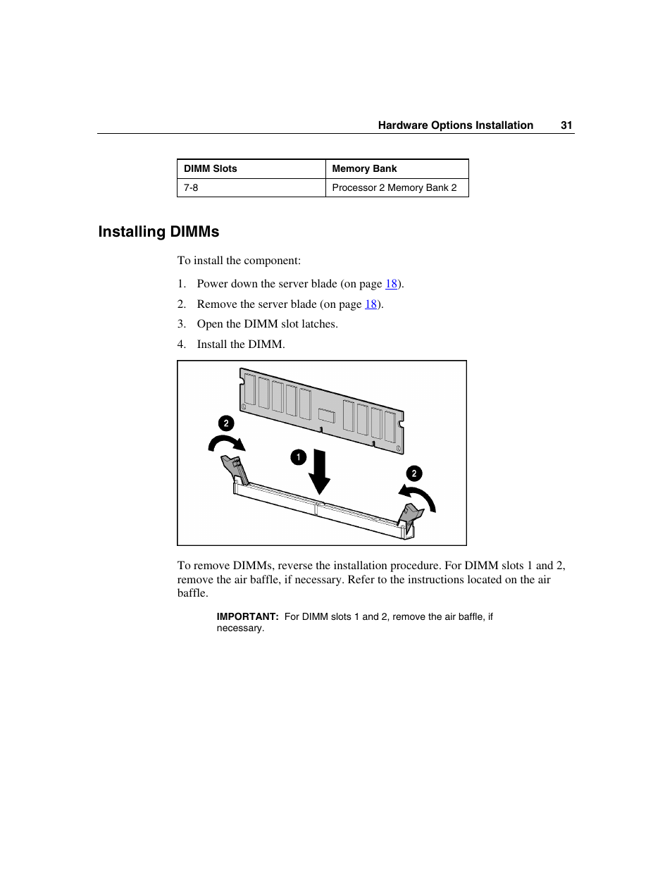 Installing dimms | HP ProLiant BL25p Server-Blade User Manual | Page 31 / 118
