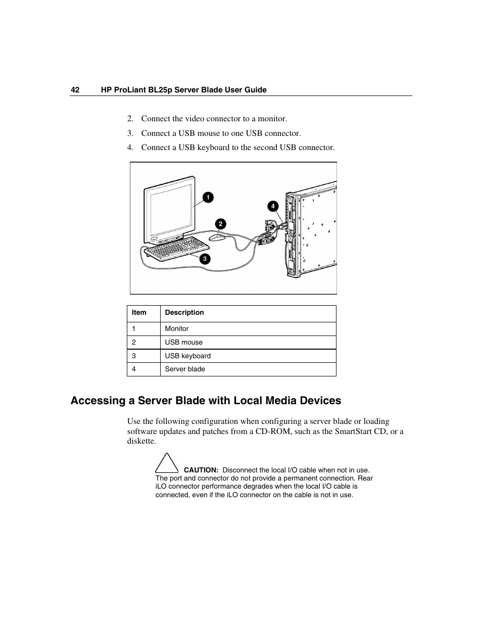 Accessing a server blade with local media devices | HP ProLiant BL25p Server-Blade User Manual | Page 42 / 118