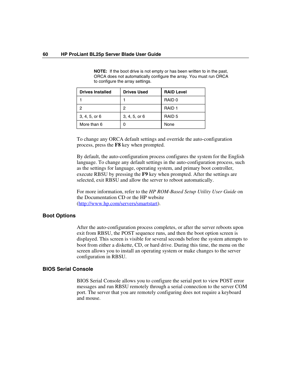 Boot options, Bios serial console | HP ProLiant BL25p Server-Blade User Manual | Page 60 / 118