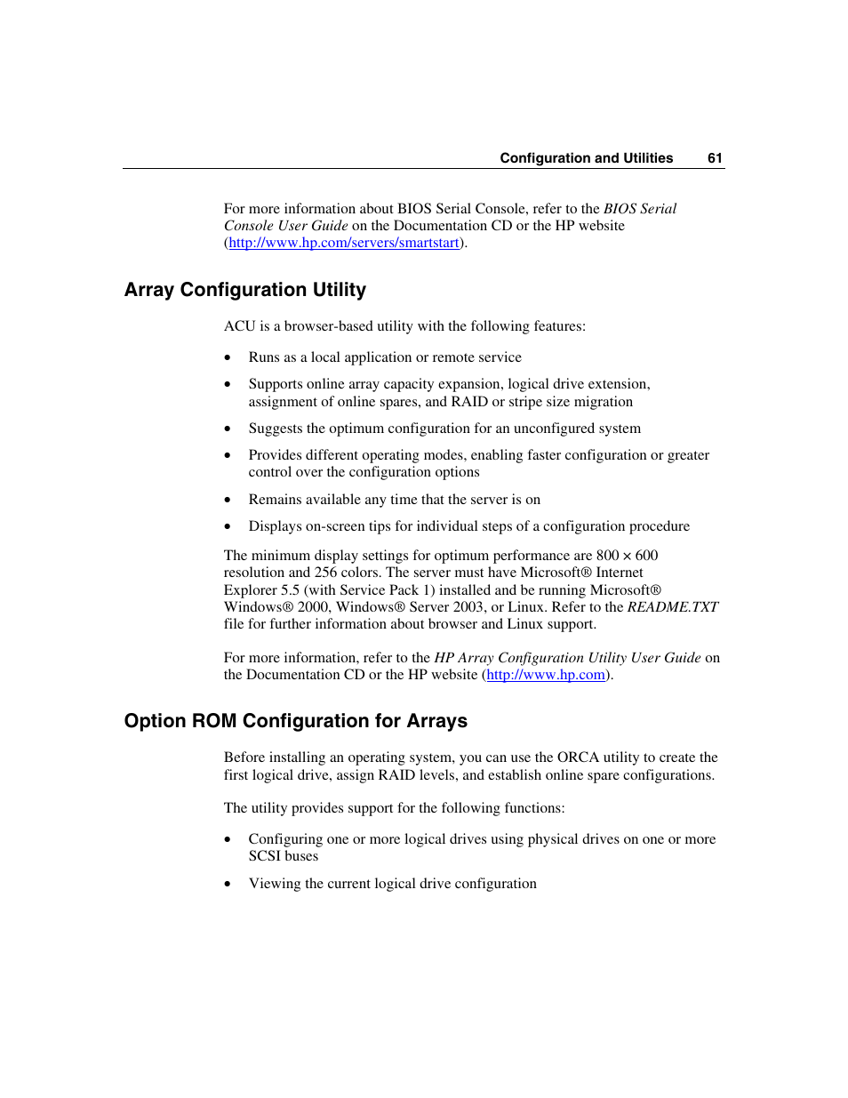 Array configuration utility, Option rom configuration for arrays, Array | HP ProLiant BL25p Server-Blade User Manual | Page 61 / 118