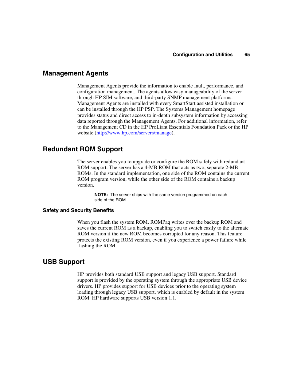 Management agents, Redundant rom support, Safety and security benefits | Usb support | HP ProLiant BL25p Server-Blade User Manual | Page 65 / 118