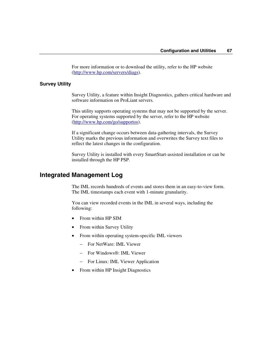 Survey utility, Integrated management log | HP ProLiant BL25p Server-Blade User Manual | Page 67 / 118