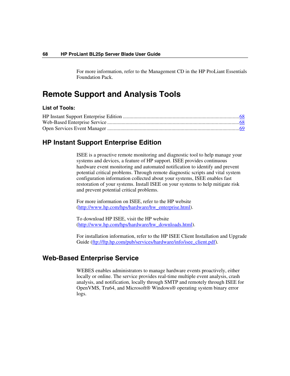 Remote support and analysis tools, Hp instant support enterprise edition, Web-based enterprise service | HP ProLiant BL25p Server-Blade User Manual | Page 68 / 118