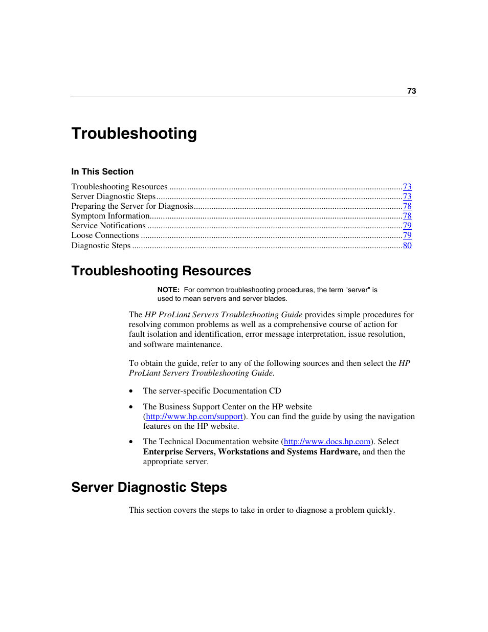Troubleshooting, Troubleshooting resources, Server diagnostic steps | Troubleshooting 73 | HP ProLiant BL25p Server-Blade User Manual | Page 73 / 118