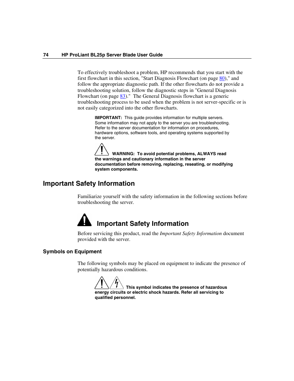 Important safety information, Symbols on equipment | HP ProLiant BL25p Server-Blade User Manual | Page 74 / 118