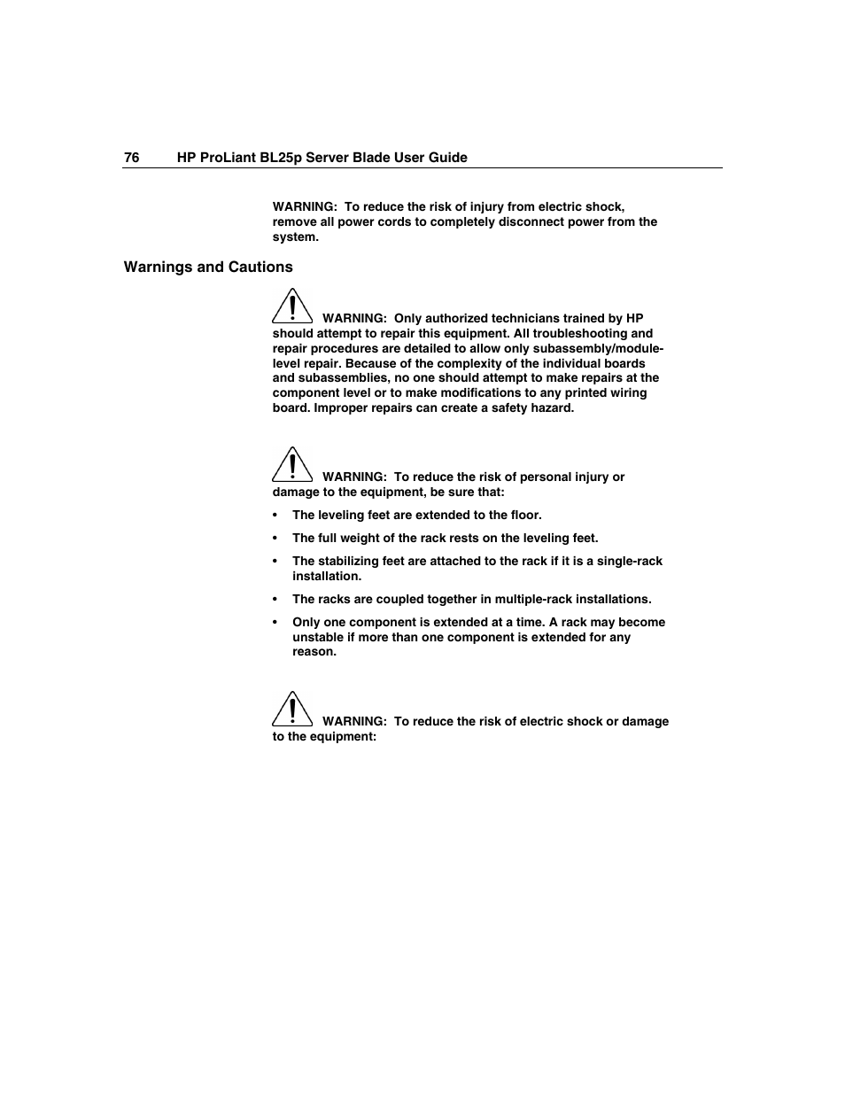 Warnings and cautions | HP ProLiant BL25p Server-Blade User Manual | Page 76 / 118