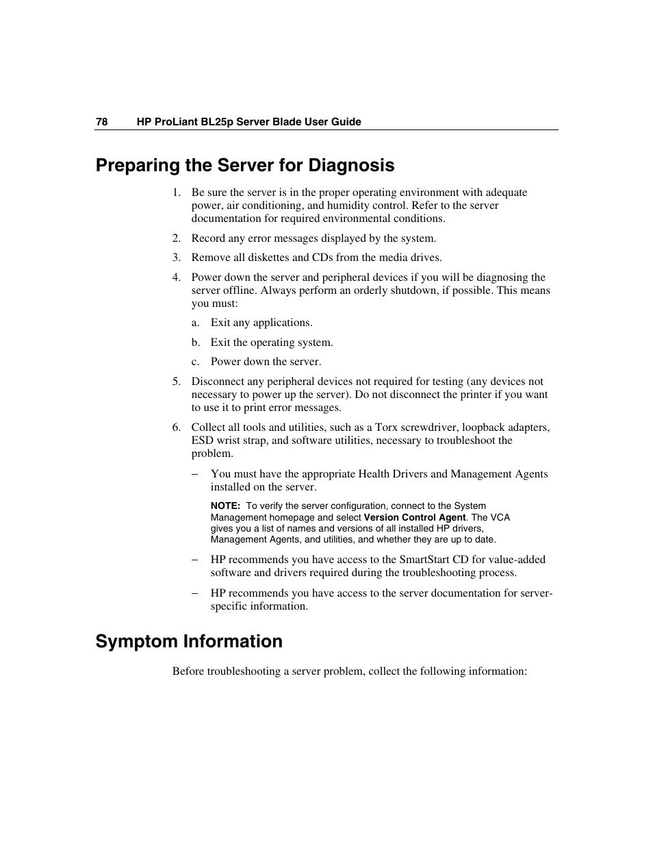 Preparing the server for diagnosis, Symptom information | HP ProLiant BL25p Server-Blade User Manual | Page 78 / 118