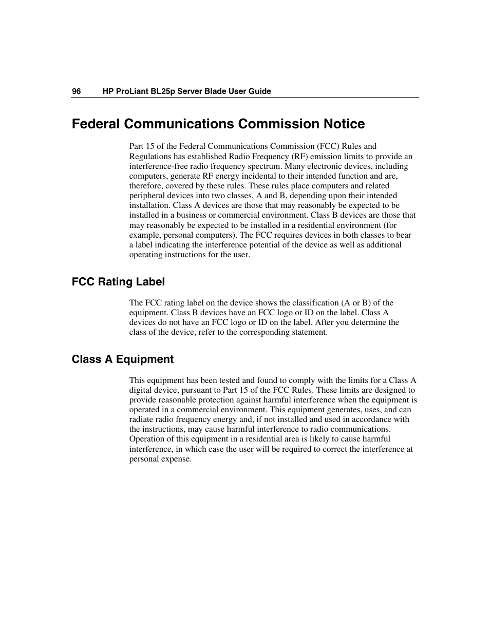 Federal communications commission notice, Fcc rating label, Class a equipment | HP ProLiant BL25p Server-Blade User Manual | Page 96 / 118