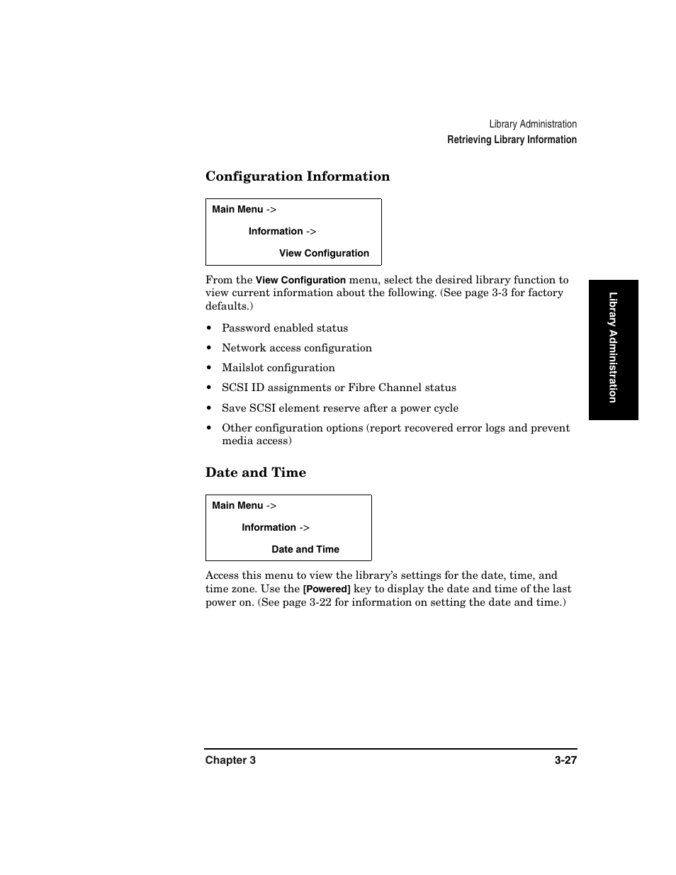 Configuration information -27 date and time -27 | HP Surestore 6.140 Tape Library User Manual | Page 101 / 240