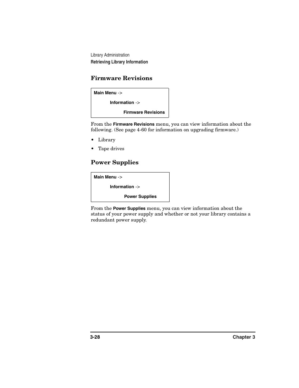 Firmware revisions -28 power supplies -28 | HP Surestore 6.140 Tape Library User Manual | Page 102 / 240