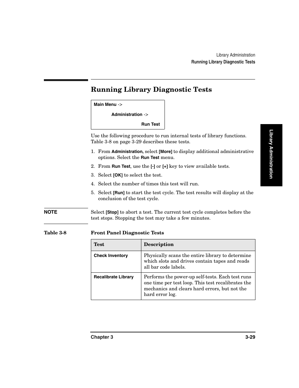 Running library diagnostic tests, Running library diagnostic tests -29, Upgrading firmware -60 | Table 3-8. front panel diagnostic tests -29 | HP Surestore 6.140 Tape Library User Manual | Page 103 / 240