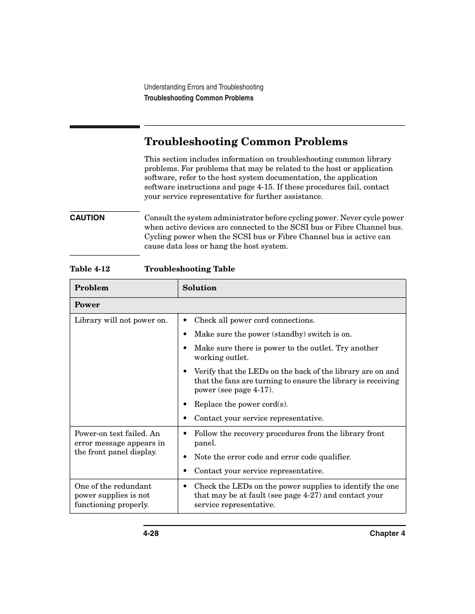 Troubleshooting common problems, Troubleshooting common problems -28, Table 4-12. troubleshooting table -28 | HP Surestore 6.140 Tape Library User Manual | Page 134 / 240