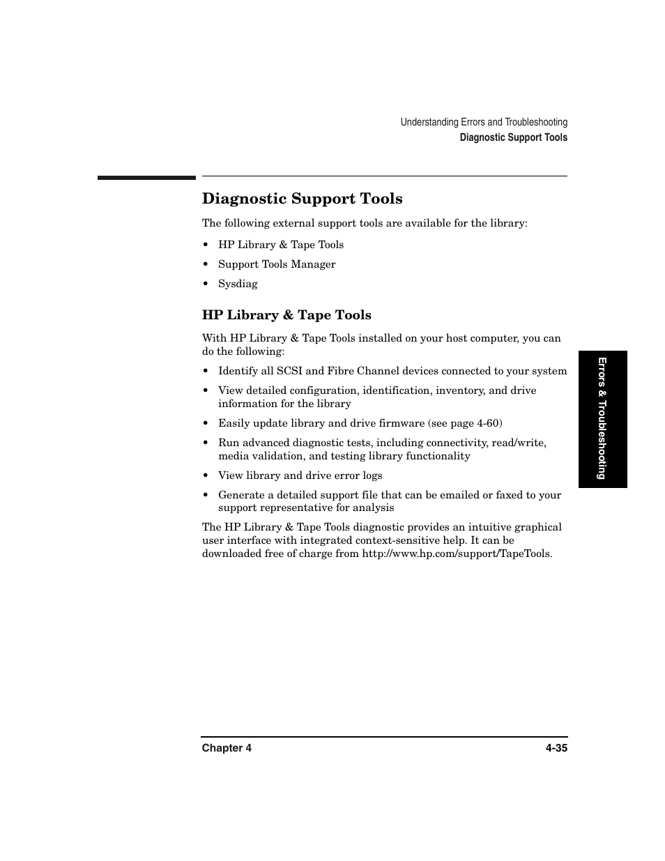 Diagnostic support tools, Hp library & tape tools, Diagnostic support tools -35 | Hp library & tape tools -35 | HP Surestore 6.140 Tape Library User Manual | Page 141 / 240