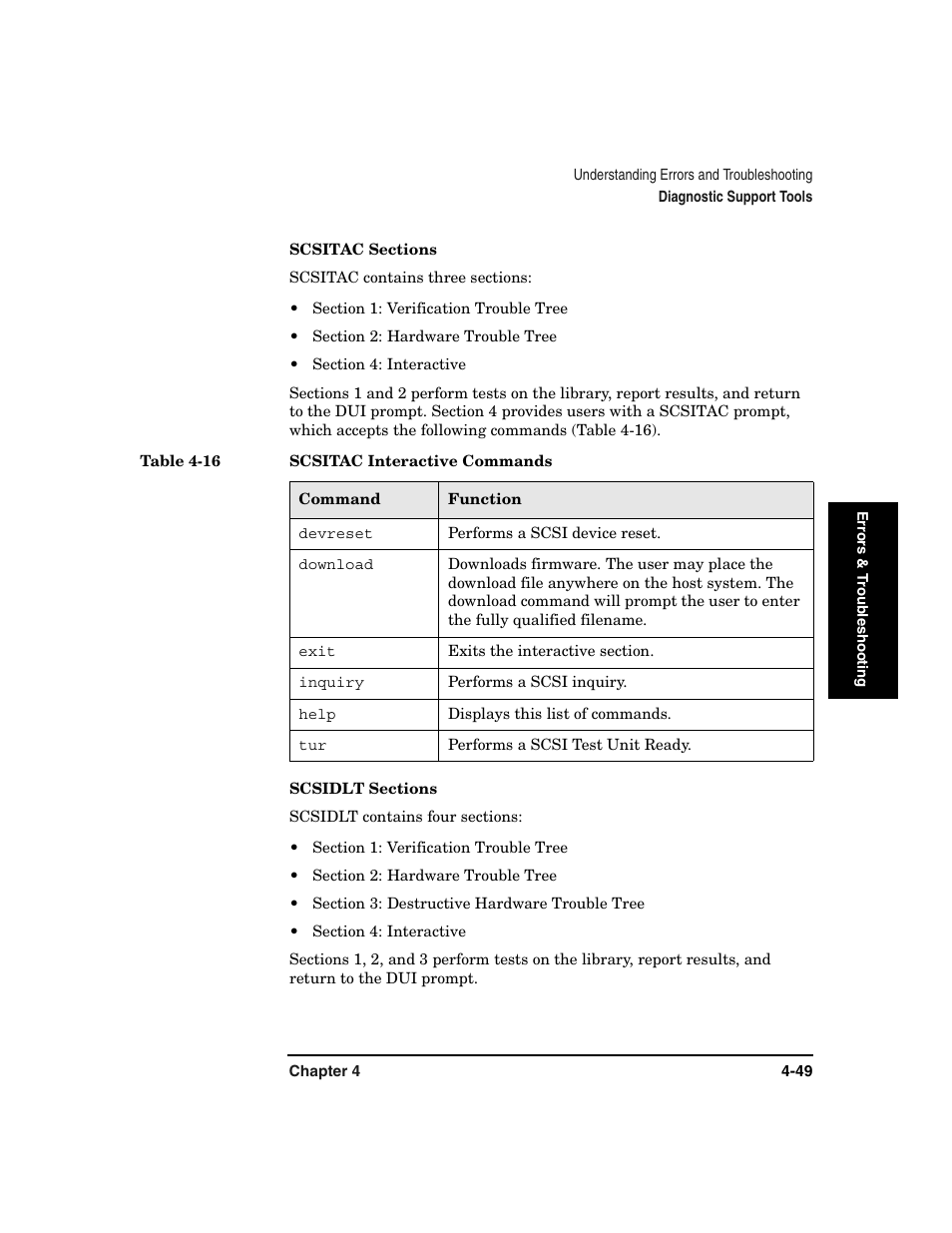 Scsitac sections -49 scsidlt sections -49, Table 4-16. scsitac interactive commands -49 | HP Surestore 6.140 Tape Library User Manual | Page 155 / 240