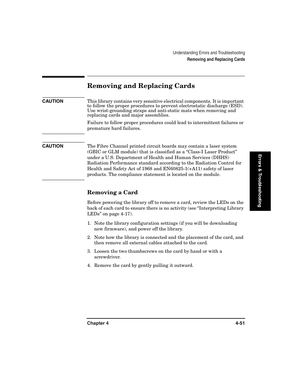Removing and replacing cards, Removing and replacing cards -51, Removing a card -51 | HP Surestore 6.140 Tape Library User Manual | Page 157 / 240