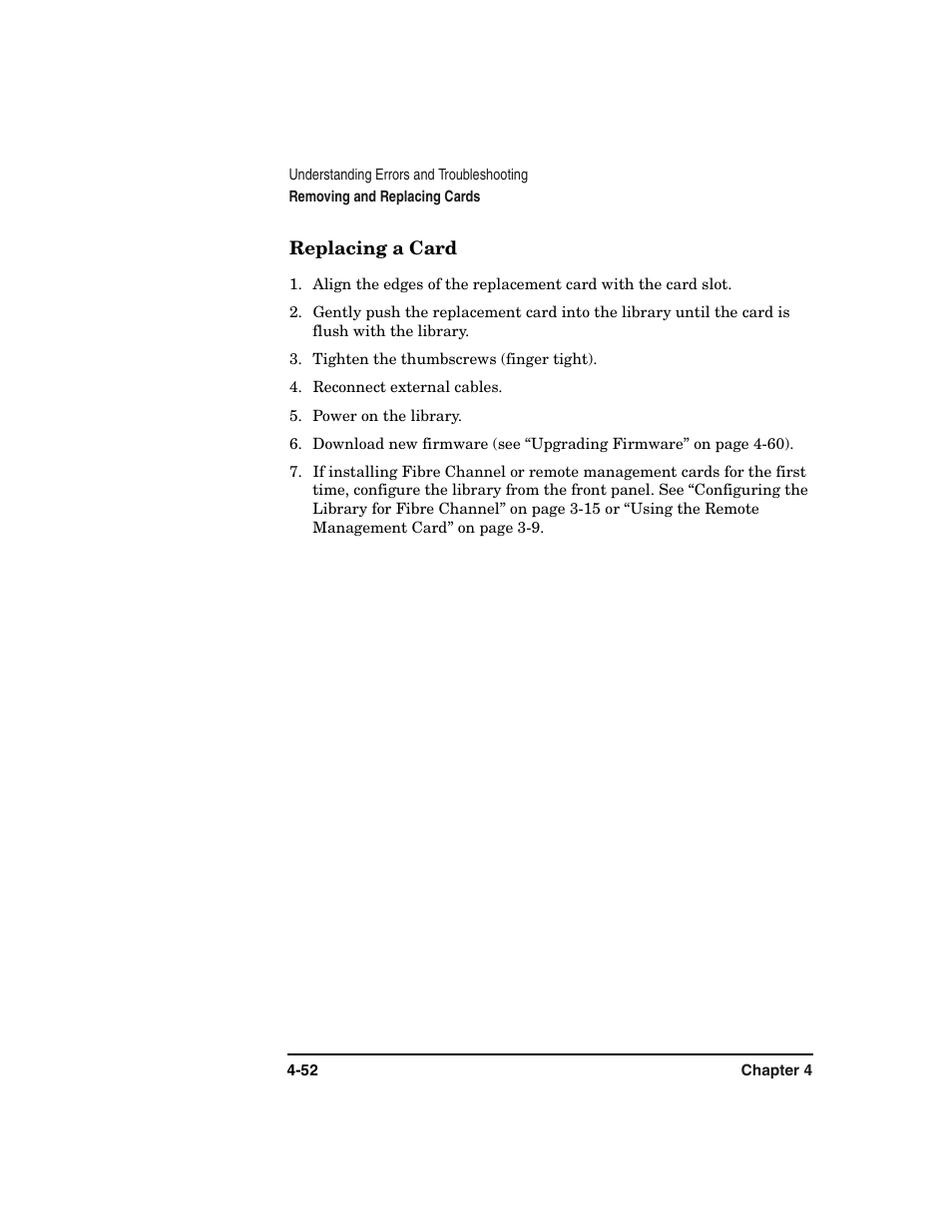 Replacing a card -52 | HP Surestore 6.140 Tape Library User Manual | Page 158 / 240