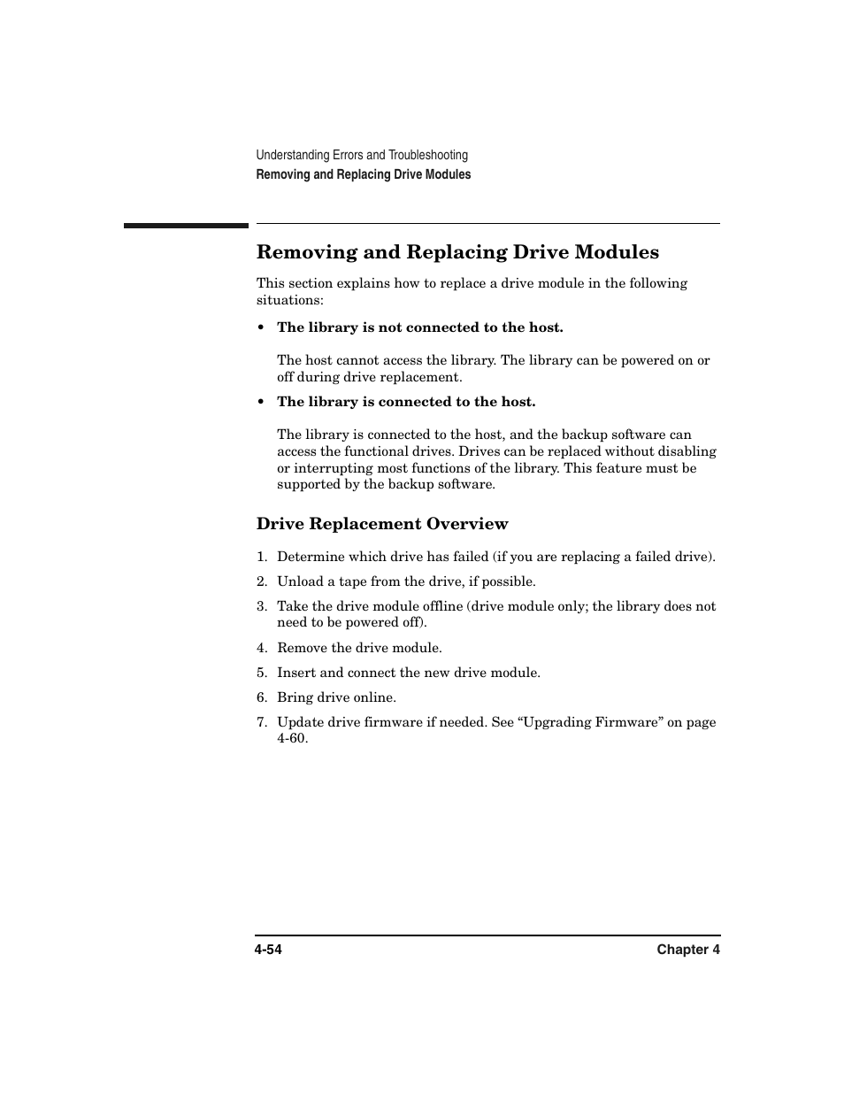 Removing and replacing drive modules, Drive replacement overview, Removing and replacing drive modules -54 | Drive replacement overview -54 | HP Surestore 6.140 Tape Library User Manual | Page 160 / 240