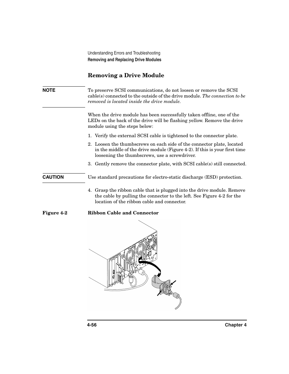 Removing a drive module, Removing a drive module -56, Figure 4-2. ribbon cable and connector -56 | HP Surestore 6.140 Tape Library User Manual | Page 162 / 240