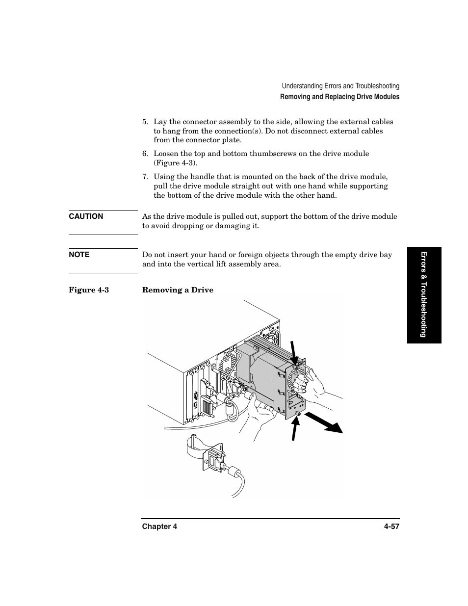 Figure 4-3. removing a drive -57 | HP Surestore 6.140 Tape Library User Manual | Page 163 / 240