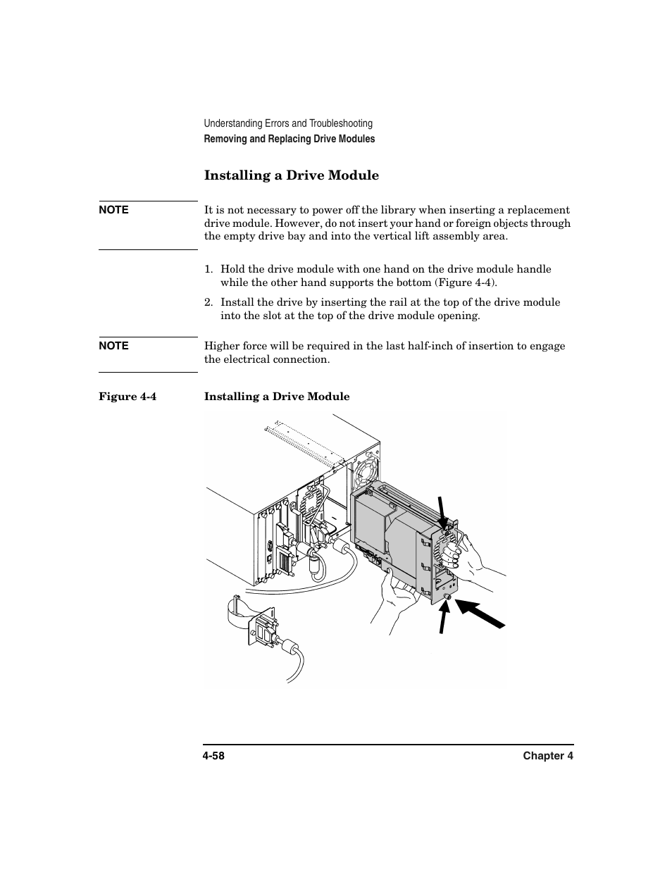 Installing a drive module, Installing a drive module -58, Figure 4-4. installing a drive module -58 | HP Surestore 6.140 Tape Library User Manual | Page 164 / 240