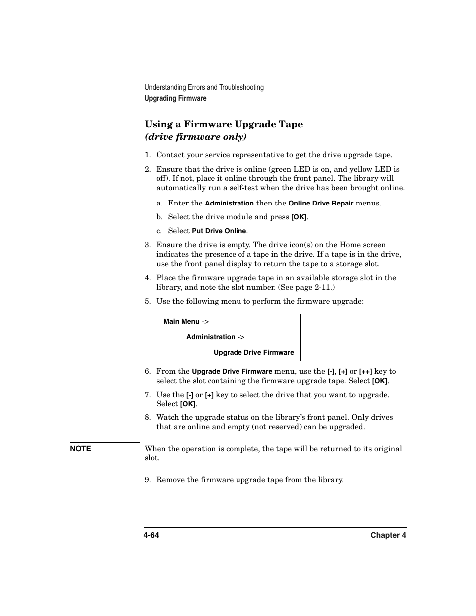 Using a firmware upgrade tape | HP Surestore 6.140 Tape Library User Manual | Page 170 / 240