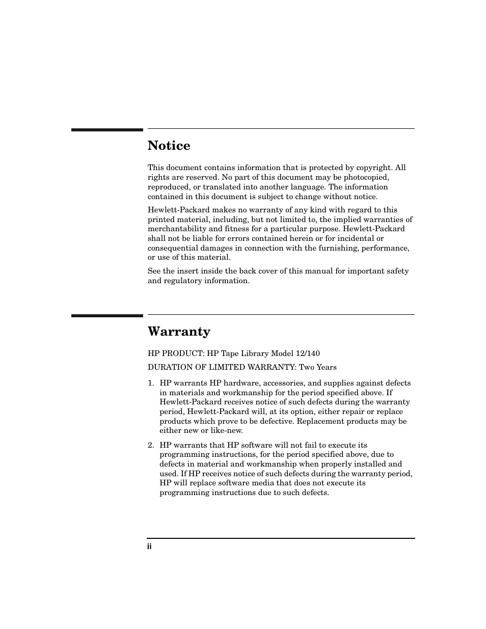 Notice, Warranty | HP Surestore 6.140 Tape Library User Manual | Page 2 / 240